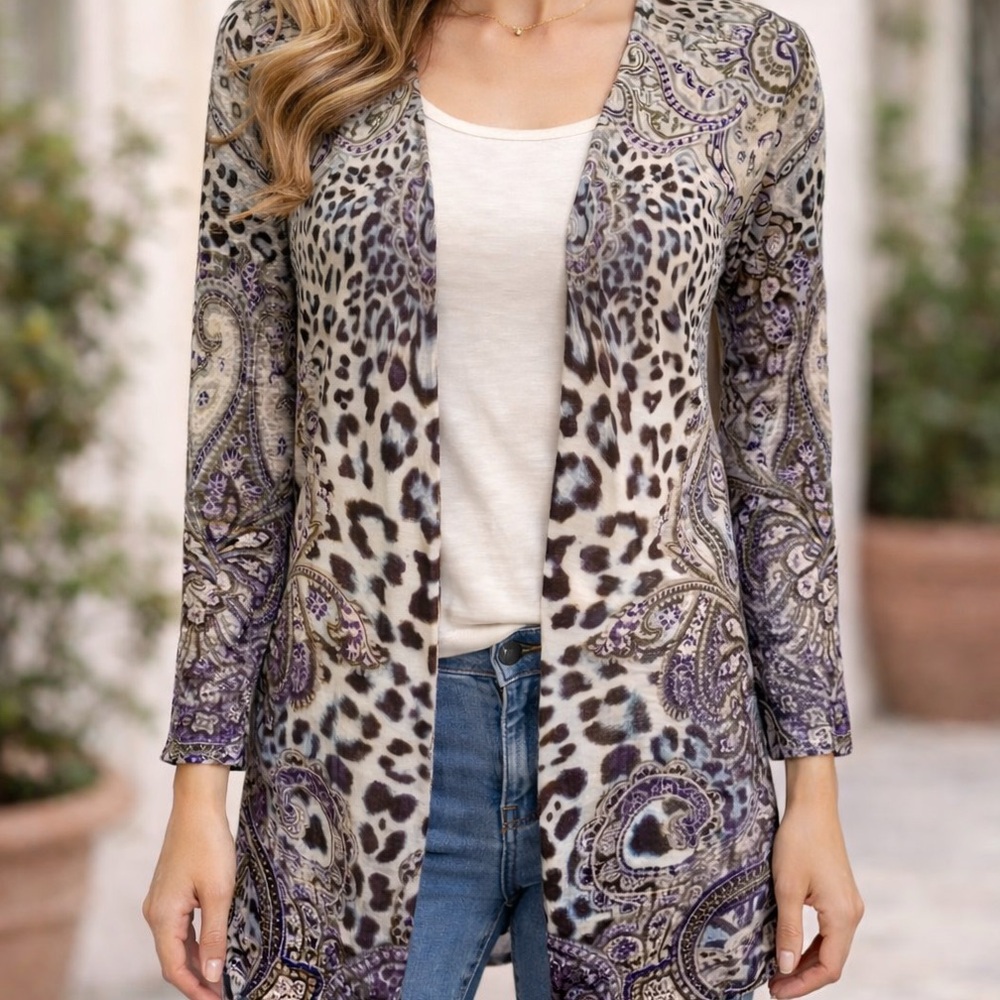 Chico's Women's Sweater 0 Small  Animal Print Paisley Linen Blend Open Cardigan